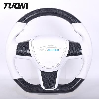 China Model 3 Model Y Tesla Carbon Fiber Steering Wheels White Leather for sale