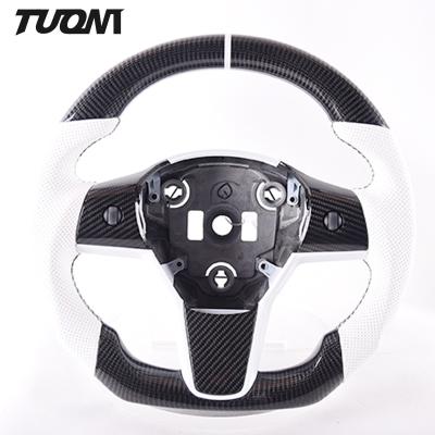 China Round Black White Tesla Carbon Steering Wheel Sport Style For Model 3 X Y for sale