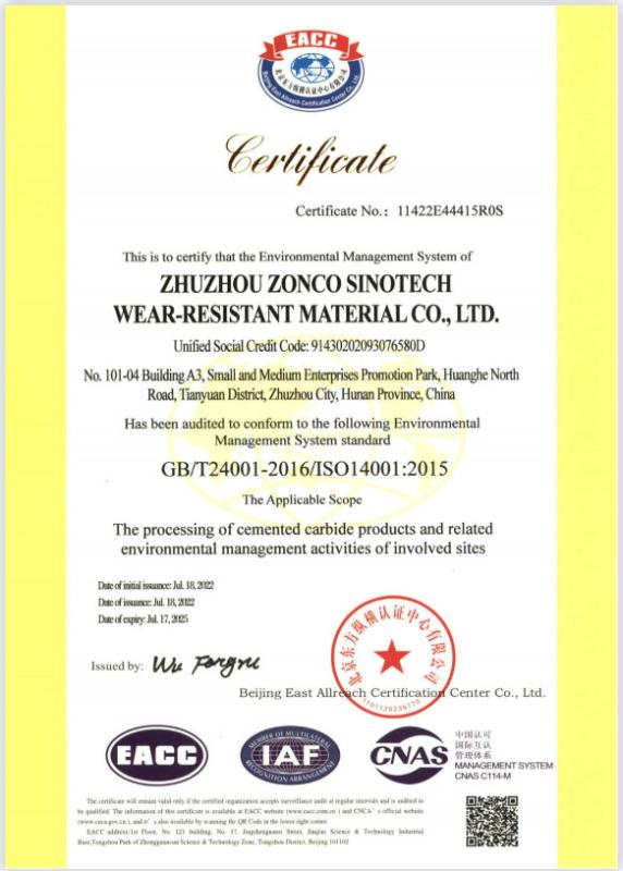 ISO14001:2015 - Zhuzhou Zonco Sinotech Wear-resistant Material Co., Ltd.