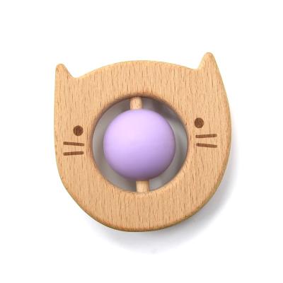 China Portable 8cm Wooden Silicone Teether Rattle Rotation Ball Kitty Shape for sale