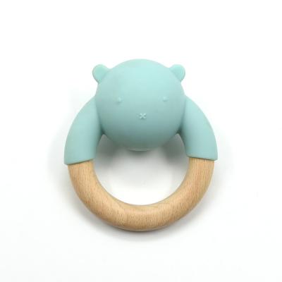China Brinquedos macios da mastigação do silicone do anel LFGB do chocalho do bebê da madeira de faia para bebês à venda