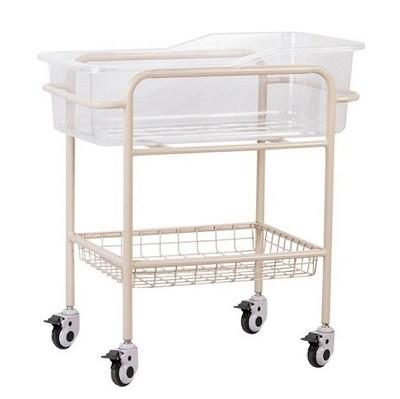 China Stainless Steel Frame ABS Hospital Baby Cot With Storage Shelf for sale