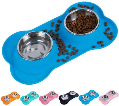 China No Spill Silicone Pet Bowl Stainless Steel Double Pet Food Bowl for sale