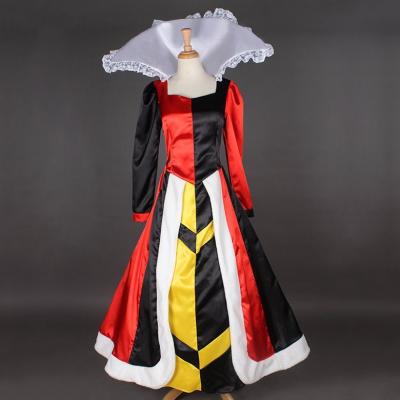 China Princess Dress Wholesale Satin Custom Made Long Sleeve Queen of Hearts Dress Cosplay Costume with White Stiff Collar for sale