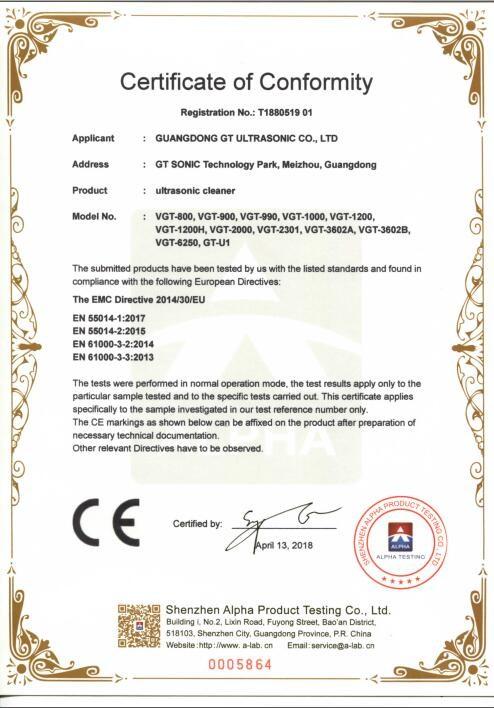 Certificate of Conformity - Guangdong GT Ultrasonic Co.,Ltd