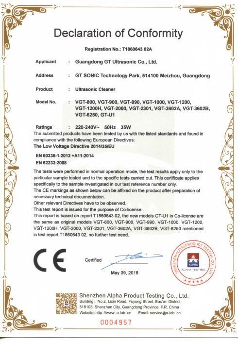 Certificate of Conformity - Guangdong GT Ultrasonic Co.,Ltd