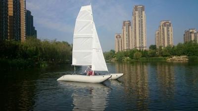 China Inflatable Sailing Kayak With Two Sails , Portable Inflatable Catamaran Sailboat for sale