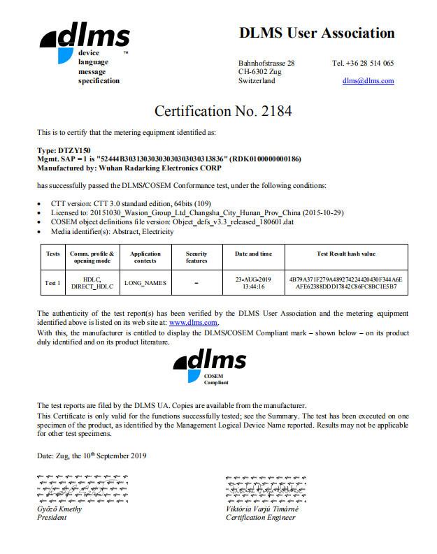 DLMS Certificate - WUHAN RADARKING ELECTRONICS CORP.
