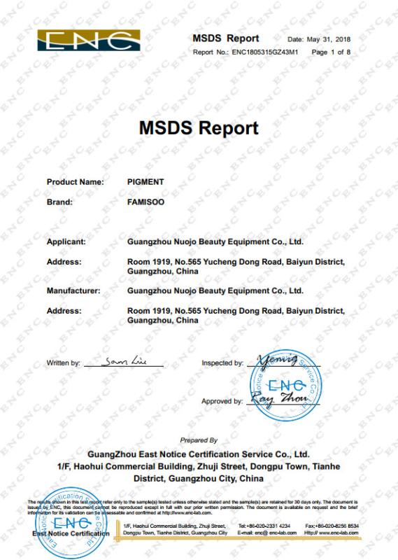MSDS CARD - Guangzhou Nuojo Beauty Equipment Co., Ltd