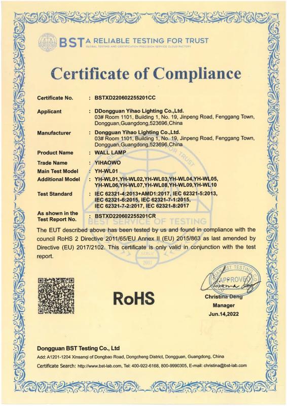 Certification Testing - Product Certificates - Dongguan Yihao lighting Co., LTD