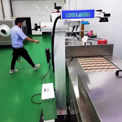 Chine 40W CO2 RF Machine de marquage laser volant en ligne pour les bouteilles pour animaux de compagnie Transporteur inclus Imprimante laser de logo à vendre
