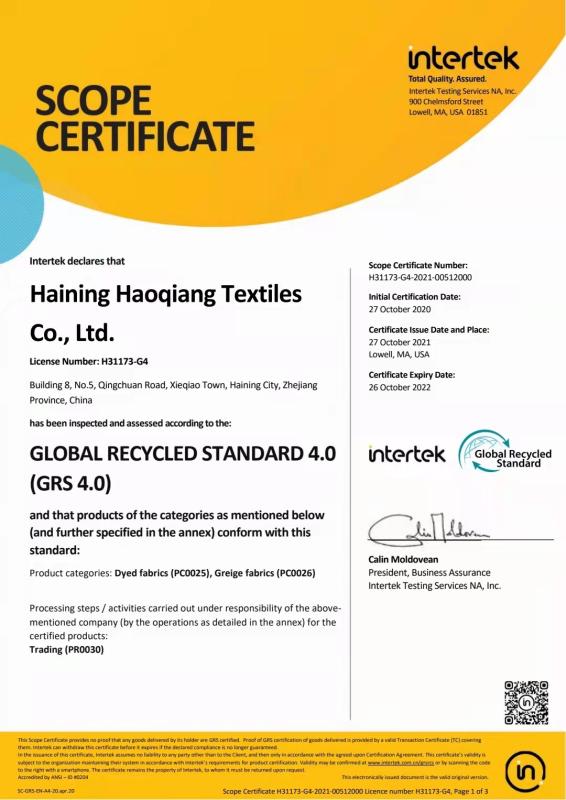 GRS CERTIFICATE - Haining FengCai Textile Co.,Ltd.