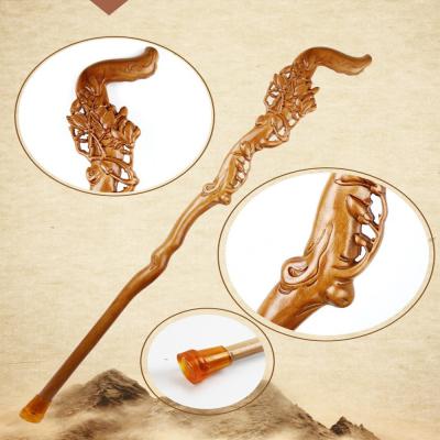 China T Handle Rubber Foot Wood Walking Cane , Peach Wooden Walking Stick For Elders for sale