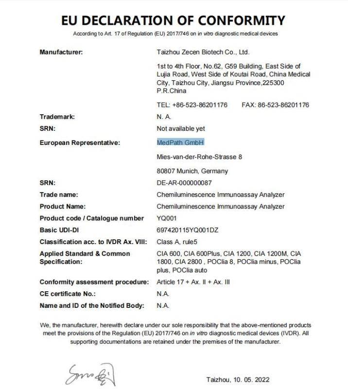 EU DECLARATION OF CONFORMITY - Taizhou Zecen Biotech Co.,Ltd.