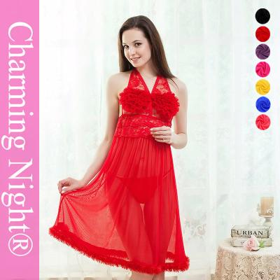 China Fur Edge Ruffle Neck Transparent sexy night dresses for girls , sexy nightwear dress for sale