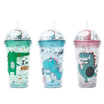 China ABS Double Layer Drinkware Bottle Dinosaur Doll Star Sequin Drinking Cup With Straw for sale