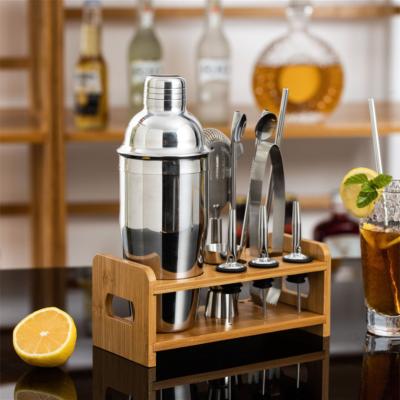 China Rustproof 24oz 13Pcs Stainless Steel Cocktail Set With Wooden Stand Base for sale