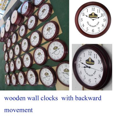 China anti-clockwise round wall clocks/wooden wall clocks with backwards quartz battery movement for sale