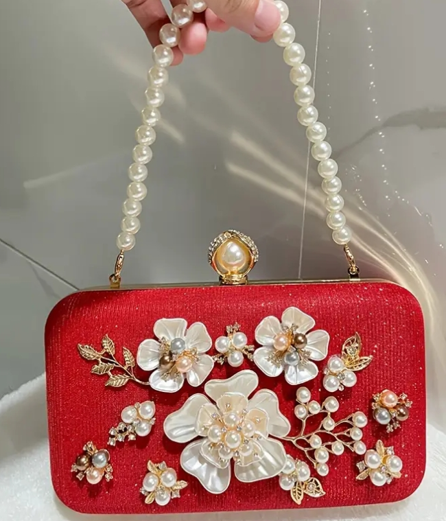 Elegant Floral Embellished Clutch Bag for Women - Red & Golden Luxury Evening Handbag with Detachable Chain Strap & Clasp Closure, Perfect for Weddings, Parties, Formal Events, Wedding Accessory