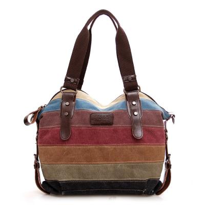 China TREND NEW RAINBOW STRIPED CANVAS BAG FASHION PATCHWORK WOMEN'S BAG WATER WASH CLOTH BAG for sale