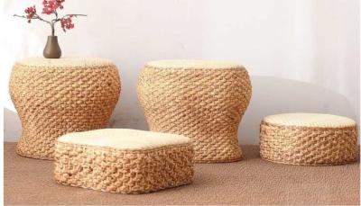 China Natural Straw Household Storage Stool Grass Woven Ottoman Box Eco-Friendly Hand-Woven Grass Rattan Stools Seat Pad for sale