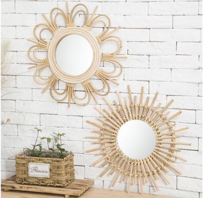 China Design Hotel Bathroom Large Wall Decorative Woven Custom Framed Wooden Rattan Wicker Willow Mirror for sale