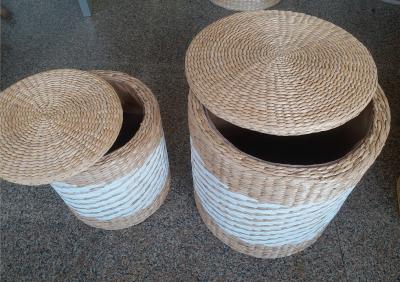 China Natural Straw Household Storage Stool Grass Bamboo Woven Ottoman Box Eco-Friendly Hand-Woven Grass Rattan Stools for sale