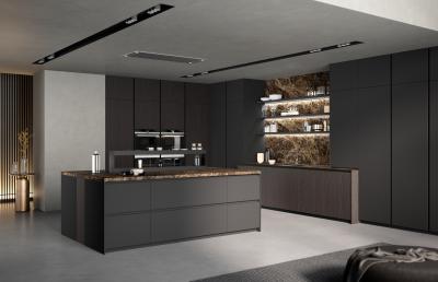 China Tailored Wood Veneer Modern Black Kitchen Cabinets Modern Style With Dining Bar for sale