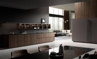 China Modern Black Wood Veneer Kitchen Cabinets Tailored With Glass Showcase for sale