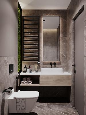 China Customized Modern Wood Veneer Bathroom Vanity With Mirror And White Sink Black Rack for sale