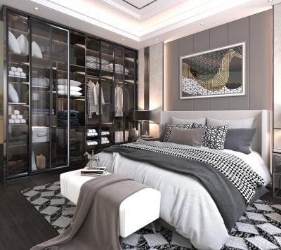 China Armario de dormitorio moderno a medida con luz LED y puertas de vidrio en venta