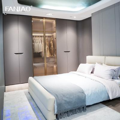 China French Style Gray Custom Bedroom Wardrobe With Glass Door Recessed Handles for sale