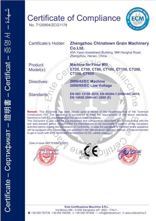 EN ISO 12100:2010,EN 60204-1:2006+AC:2010,EN 14958:2006+A1:2009(E) - Zhengzhou Chinatown Grain Machinery Co., Ltd.