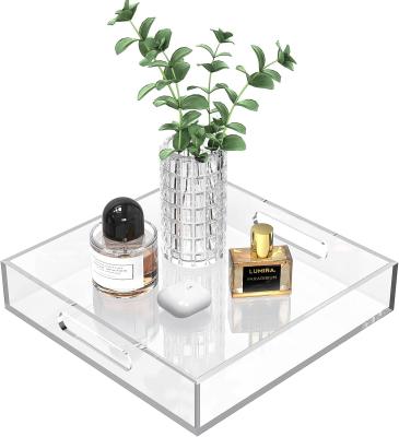 Chine Plateau de parfum acrylique lucite Plateau de table Organiseur de bijoux transparent Plateau de service avec poignées à vendre