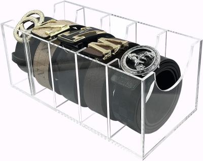 China Custom Acrylic Belt Organizer 5 Compartments Belt Storage Box Holder Clear Closet Tie Belt Display Case for sale