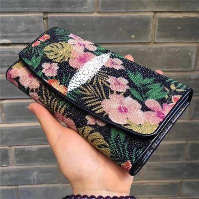 China Authentic Stingray Skin Female Long  Flower Trifold Wallet Genuine Leather Lady Large Clutch Bag Women Floral Coin Purse for sale