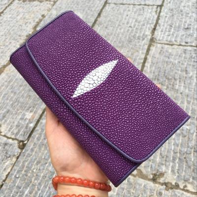 China Authentic Stingray Skin Lady Long Trifold Card Wallet Genuine Leather Women's Large Phone Clutch Purse Female Money Bag for sale