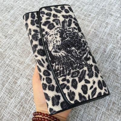 China Authentic Stingray Skin Leopard Tiger Designer  Long Wallet Genuine Leather Women Large Clutch Purse Lady Card Holder for sale