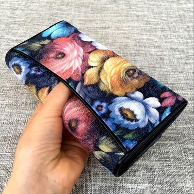 China Thailand Authentic Stingray Skin Women's Long Trifold Wallet Genuine Leather Female Flower Clutch Lady Large Card Purse for sale