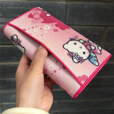 China Cute Authentic Stingray Skin Lady Long Kitty Cat Trifold Wallet Genuine Leather Female Clutch Card Bag Women Coin Purse for sale
