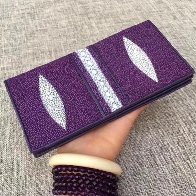 China Unisex Style Authentic Real Stingray Skin Women Long Wallet Female Purple Thin Clutch Bag Genuine Leather Card Purse for sale