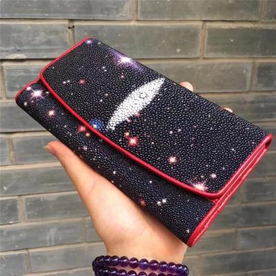 China Authentic Real True Stingray Skin Female Long Wallet Genuine Exotic Leather Lady Chic Star Clutch Women Large Card Purse for sale