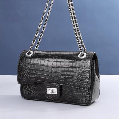 China Authentic Crocodile Belly Skin Women Purse Genuine Alligator Leather Lady Flap Bag Silver Chain  Female Shoulder Bag for sale