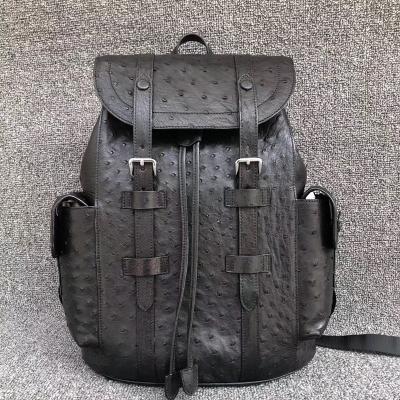 China Authentic Exotic Ostrich Skin Drawstring Closure Men's Travel Backpack Genuine Leather Male Large Flap Pockets Bag Pack for sale