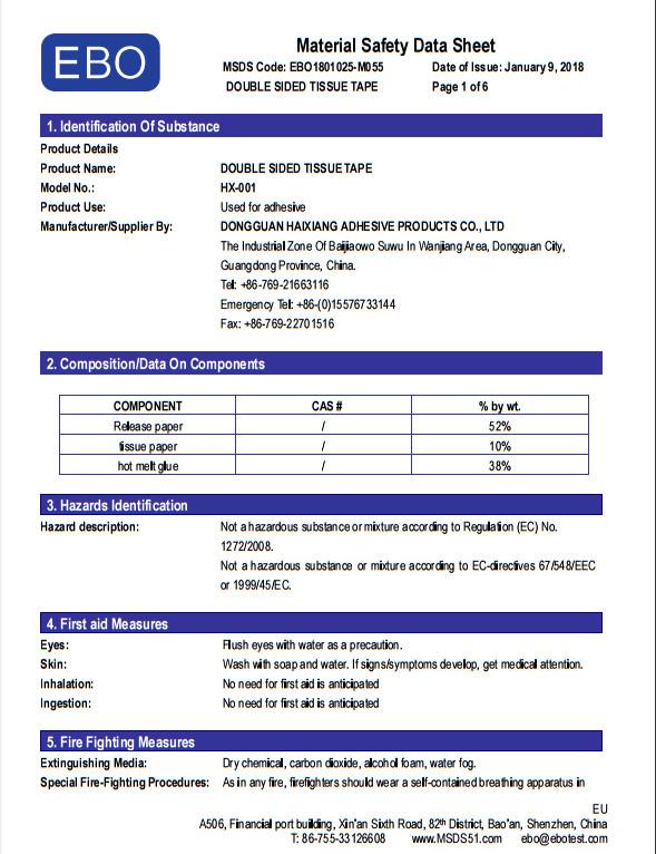 Material Safety Data Sheet - Dongguan Haixiang Adhesive Products Co., Ltd