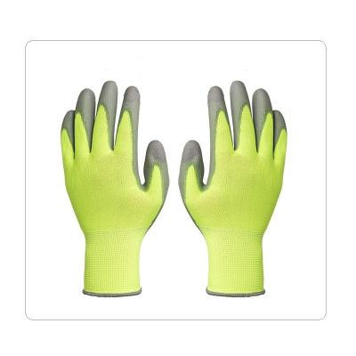 China Transport Fluorescent Polyester Seamless Knit With Grey PU Coating Work Gloves for sale