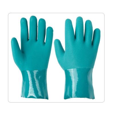 中国 大きい手緑ポリ塩化ビニールの綿の化学抵抗力がある手袋 販売のため