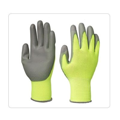 China Precision Machinery Grey PU Palm Coating Hi Vis Polyester Liner Gloves for sale