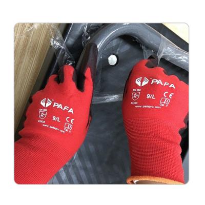 Китай Нейлон женщин уровня 3 CE красный вяжет перчатки работы PU общего обслуживания покрывая продается
