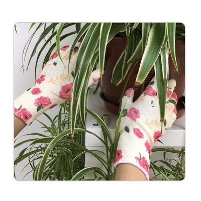 China Flower Print Polyester Good Grip PU Coated Work Gloves For Gardening And Farming for sale